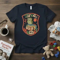 Tired as a Mother t-shirt with a retro design showing an owl on books, a coffee cup, and colorful text