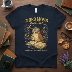 Tired Moms Book Club t-shirt with owl reading book and text "Running on Chaos and Chapters"