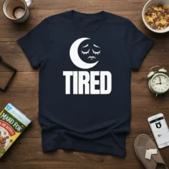 Navy t-shirt with white text "TIRED" and a sad, sleepy moon graphic above it