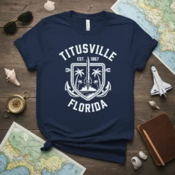 Titusville Florida Est 1867 t-shirt design with rocket, palm trees, and anchor graphic