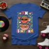 TK IS MY JAM text with a groovy strawberry character skateboarding on a bowl of jam, surrounded by flowers and
