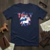 Navy blue t-shirt featuring the word TÖLT in bold white and blue letters with the Icelandic flag colors, and a