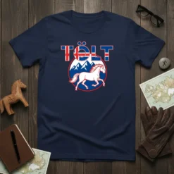 Navy blue t-shirt featuring the word TÖLT in bold white and blue letters with the Icelandic flag colors, and a