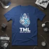 TML Train The Mind t-shirt design featuring a stylized brain graphic with gears and circuitry, bold white text below