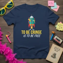 Navy t-shirt with yellow and white text "To Be Cringe Is To Be Free" above a cartoon rocket ship graphic