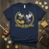 To Bee, Or Not To Bee quote with a bee and skeleton graphic on a navy t-shirt