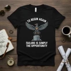 Black t-shirt with 'TO BEGIN AGAIN FAILURE IS SIMPLY THE OPPORTUNITY' text and a stylized phoenix graphic rising from ruins