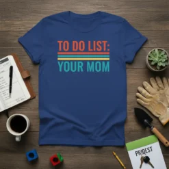 Funny "TO DO LIST: YOUR MOM" quote t-shirt with retro stripes, navy blue shirt