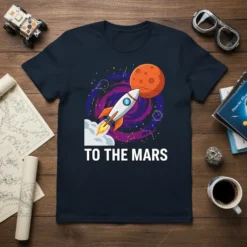 To The Mars t-shirt design featuring a rocket ship launching towards Mars with a starry background and constellations