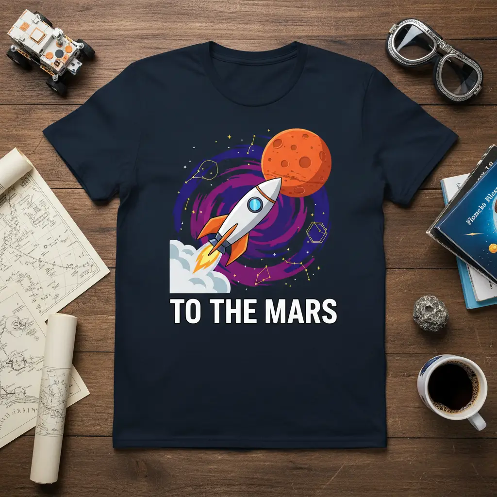 To The Mars rocket ship graphic t-shirt design with a vibrant launch against a cosmic galaxy background