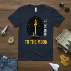 Navy t-shirt with a yellow rocket launching into a starry sky, text reads "TO THE MOON TO THE MOON"