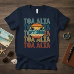 Toa Alta Puerto Rico vintage sunset t-shirt design with retro colors and tropical mountain and palm tree graphic