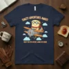 Toasty Adventures Await! Crusty on the Outside, Warm Out Inside quote on a navy t-shirt featuring a cartoon toast in