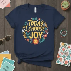 Navy t-shirt with "Today I Choose JOY" in a circular floral design, featuring a smiling sun and peace signs