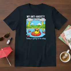My Anti-Anxiety T-Shirt with the quote "Today is going to be okay" showing a character relaxing on an inflatable in