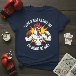 Funny chicken t-shirt with the quote "Today Is Slap An Idiot Day I'm Gonna Be Busy" and a muscular rooster