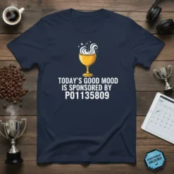 Today's Good Mood Is Sponsored By P01135809 quote on a navy t-shirt with a trophy graphic and steam