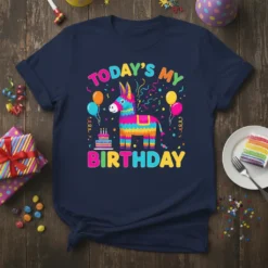 Today's My Birthday t-shirt with a colorful piñata, cake, and balloons design