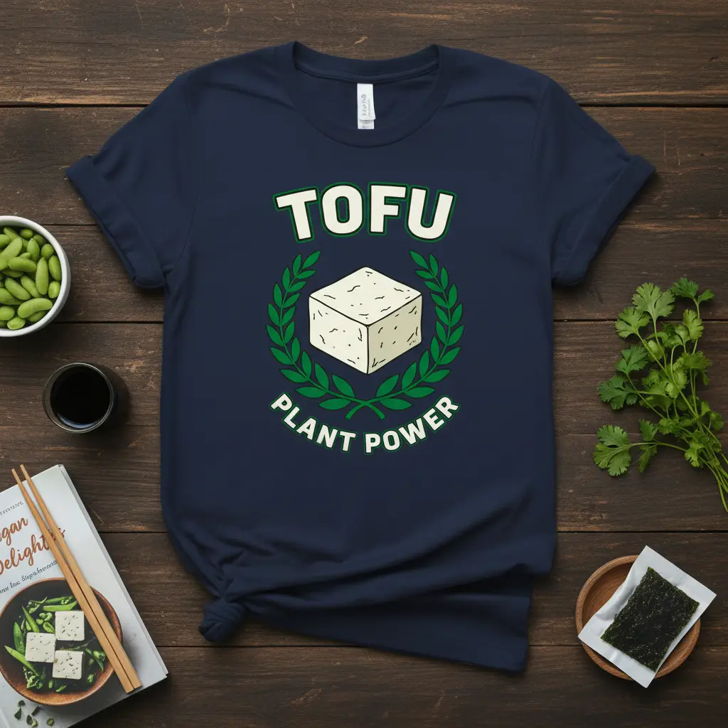 TOFU PLANT POWER text design on navy t-shirt with tofu block and laurel wreath graphic