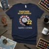 Navy blue t-shirt featuring the text "TOGETHER WE ARE STRONGER" above a circle of NATO member flags and the number