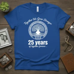 Blue t-shirt with white text "Together We Grow Stronger 25 Years of Together Forever" and a tree graphic for a