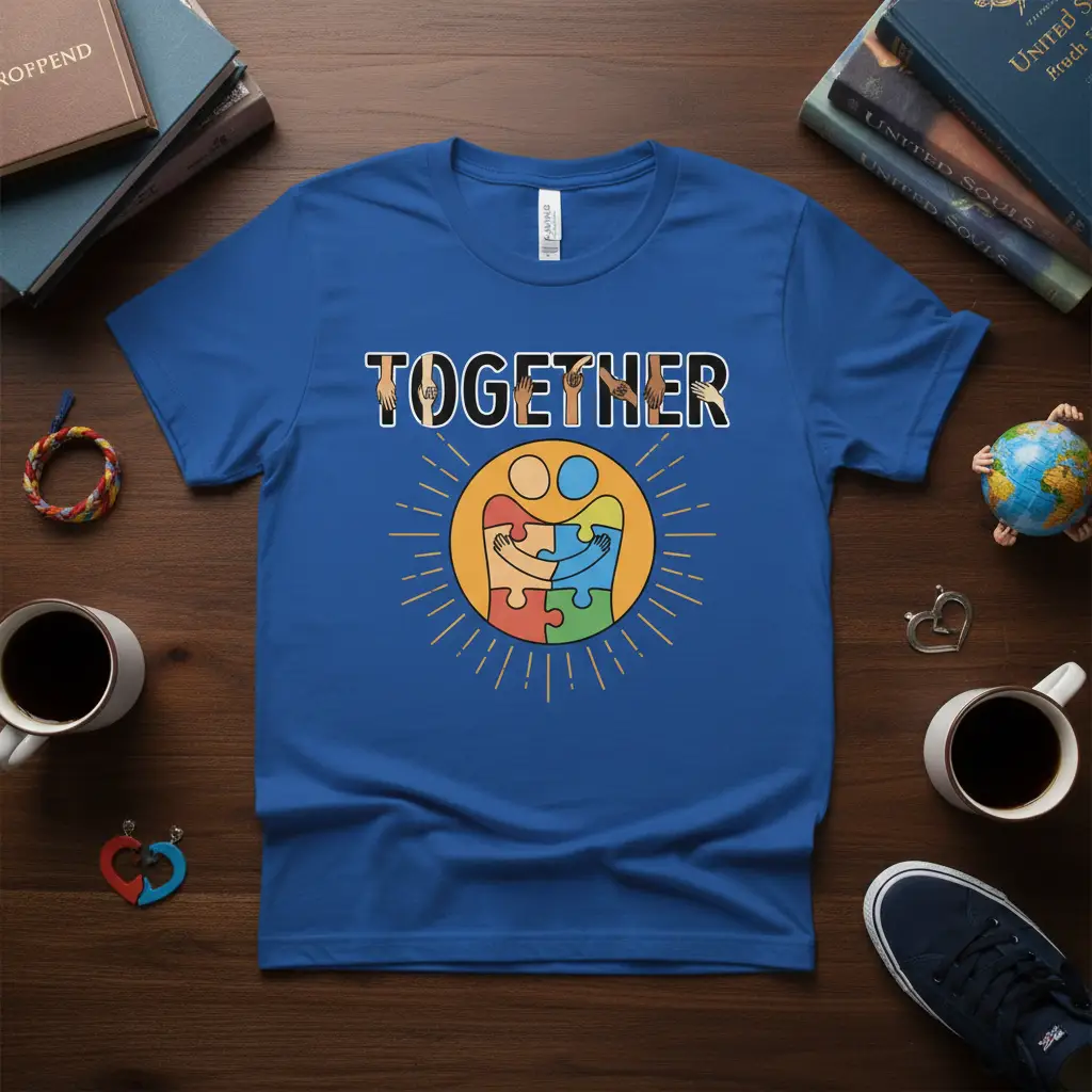 Together We Stand Autism Awareness Puzzle People Hug T-Shirt design with diverse hands and puzzle figures embracing