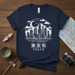 Tokyo Cityscape Skyline T-Shirt featuring Japanese text and moonlit city illustration, white on navy blue