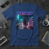 Tokyo 首都圏 text with cyberpunk fox standing in a neon-lit rainy Japanese city street, dark heather t-shirt design