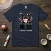 Tokyo Japan Maneki Neko T-Shirt design with a black and white lucky cat, torii gate, and cherry blossoms