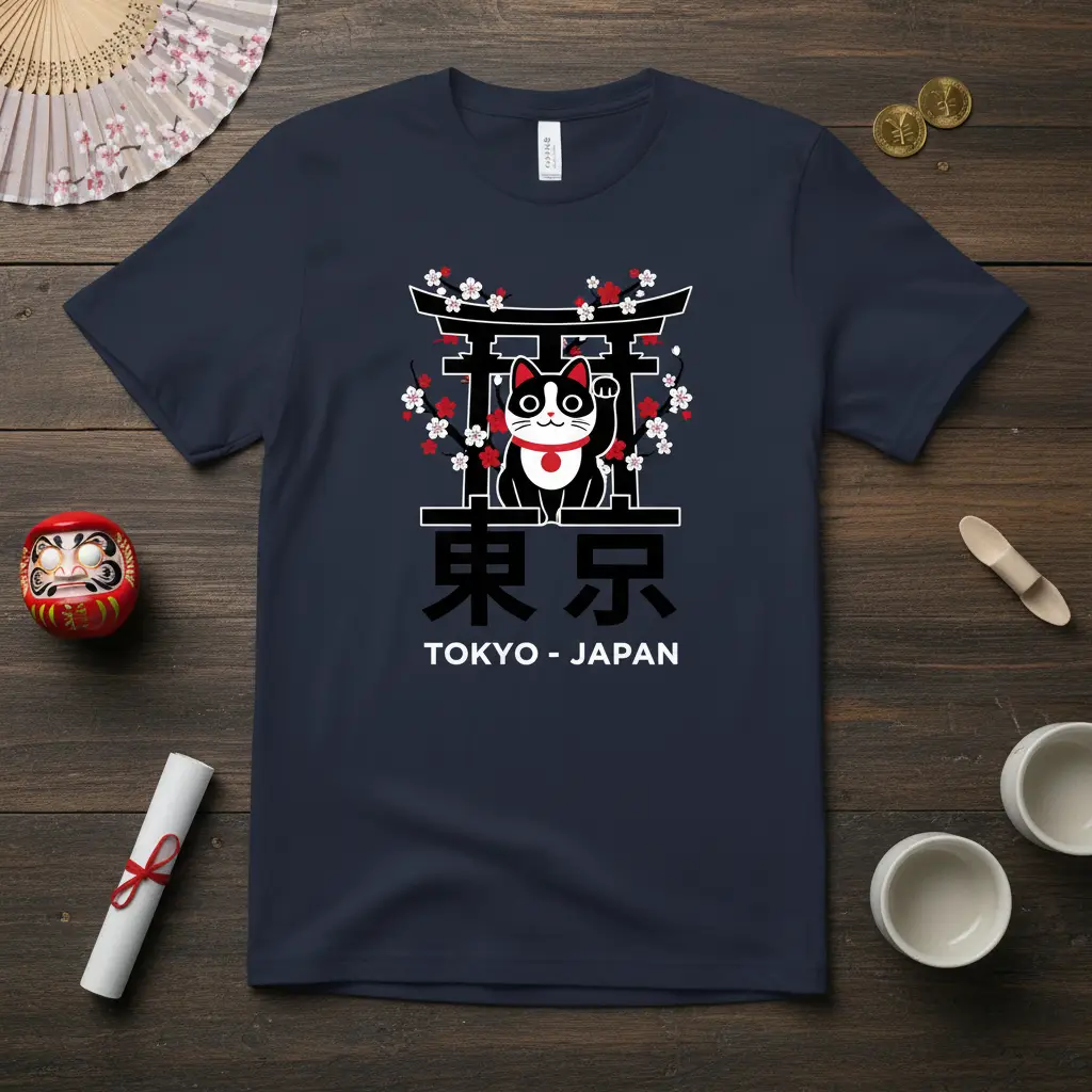 Tokyo Japan Maneki Neko T-Shirt featuring a black and white lucky cat, torii gate, and cherry blossoms graphic