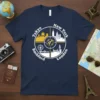 Tokyo New York Rockford London city skylines arranged in a circle on a navy blue t-shirt design, featuring a globe