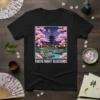 Tokyo Night Blossoms t-shirt design featuring a Japanese pagoda, cherry blossoms, and a flowing river under a night sky