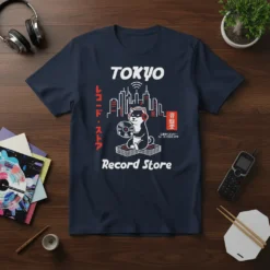 Tokyo Record Store Shiba Inu DJ T-Shirt featuring a Shiba Inu wearing headphones, holding a record, with Tokyo skyline and