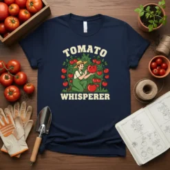 Tomato Whisperer T-Shirt design featuring a farmer tending to tomato plants with text "TOMATO WHISPERER"