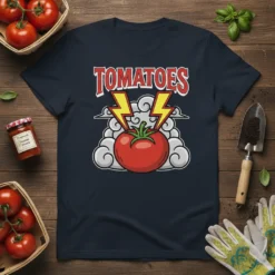 Tomatoes graphic t-shirt with bold red text, a central tomato illustration, lightning bolts, and clouds