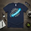 Navy blue t-shirt with the word TOMORROW in white text on a blue arrow, superimposed over a gear graphic