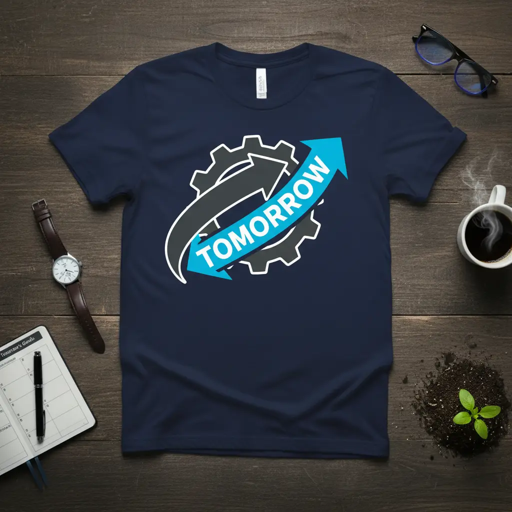 TOMORROW text on a blue arrow with a gear graphic, symbolizing future progress and ambition