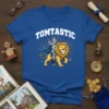 Tomtastic t-shirt design featuring a knight riding a lion with a crown and sunburst graphic