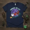 Tonight We Fly Halloween chicken t-shirt design with three chickens on a broomstick under a full moon with bats