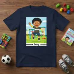 Tony personalized kids name t-shirt with a cartoon boy playing on a playground