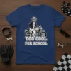Dalmatian dog wearing a leather jacket riding a motorcycle with "Too Cool For School" text