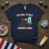 Black cat wearing American flag sunglasses holding a melting popsicle with text "TOO COOL TO MELT SUMMER VIBES"