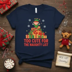 Navy t-shirt with "Too Cute For The Naughty List" text and a cartoon elf sitting on a pile of presents