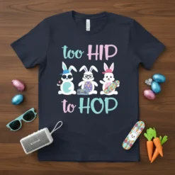 Too HIP to HOP text with three bunnies wearing sunglasses, headphones, and holding a skateboard on a navy t-shirt