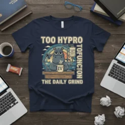 Graphic t-shirt design with text "Too Hypro To Function IV The Daily Grind" and a cartoon hippo drinking coffee from