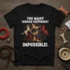 German Shepherd graphic t-shirt with text "Too Many German Shepherds? Impossible!" featuring multiple dogs in a circle