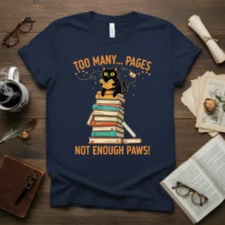 Black cat reading a book on a stack of books with text "Too Many Pages Not Enough Paws"