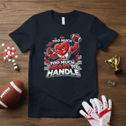T-shirt with "Too Much Heart To Handle" text and a muscular heart character playing football, brick wall background