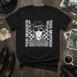 Black t-shirt with "TOO MUUCH TOO MUYOGH" text and a crying character in a fedora and checkered shirt