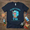 T-shirt design with "Too Sweet To Handle T1D" text, a cartoon ice cream cone holding a candy cane, and a